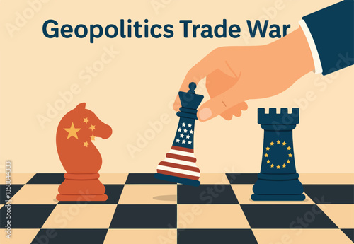 Geopolitics world country trade alliance, diplomacy with superpower nations, relationship or negotiation for trade war, tariff or sanction concept, hand playing chess to win geopolitics trade war.