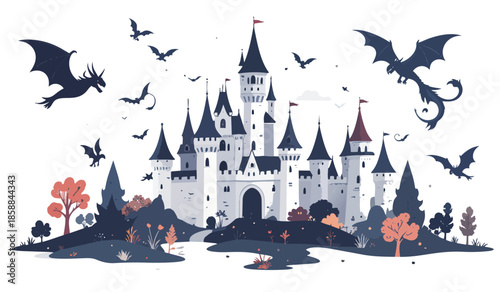 Fantasy castle landscape with magical creatures (dragons, unicorns) flying, whimsical illustration