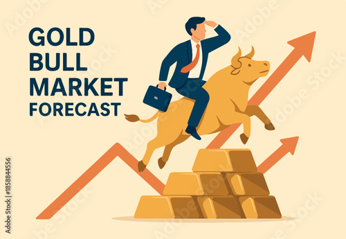 Gold bullion bull market forecast, ingot or gold bar trading price increase high up, prosperity or financial risk, market prediction, investor on golden bull on ingot look for profit opportunity