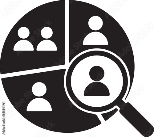 Target audience segmentation with magnifying glass icon for customer profiling and market research analysis diagram. user selection.