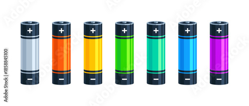 Set of colorful cylinder lithium and alkaline batteries with charge symbols. Electric energy power source and technology concepts. Flat vector illustration isolated on white background