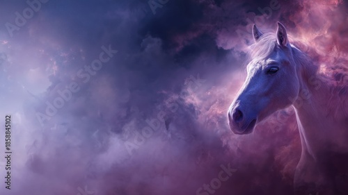 White horse gazing into mystical cloud-filled night sky  
