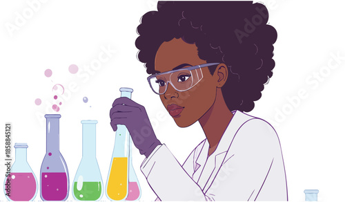 Scientist conducting experiment with colorful chemical liquids, science vector illustration