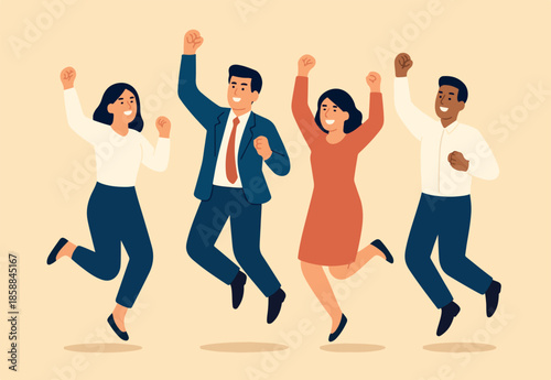 Happy office workers, joyful staff or employee success, team or colleague celebrate work achievement together, diverse, excited people concept, business people office worker jump to celebrate success.