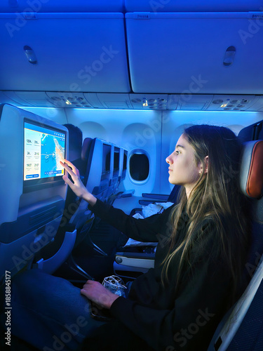 Foto Teen girl using inflight screen on airplane
