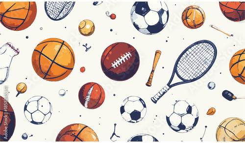 Seamless pattern of sports equipment (football, basketball, tennis racket)