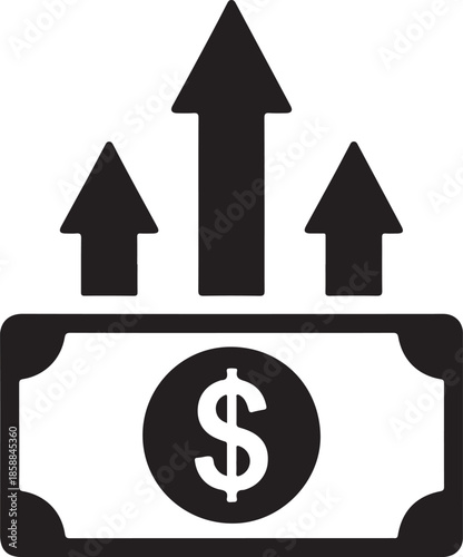 Financial growth concept with dollar bill and three upward arrows representing money increase, investment returns, and economic prosperity.