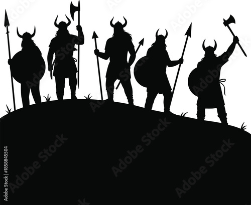 Silhouette of Viking warriors with horned helmets, spears, axes, and shields standing on hill, symbolizing Norse heritage, strength, and ancient battle readiness.
