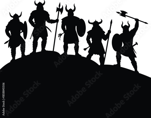 Viking warrior silhouettes group standing on hill with axes and shields, Norse mythology fighters illustration, ancient Nordic warriors isolated on white background