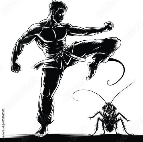 Stylized silhouette of martial artist delivering powerful kick to giant cockroach, symbolizing strength, pest control, and humorous confrontation in dynamic pose.