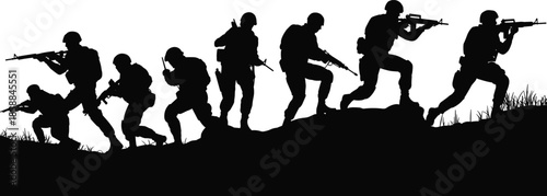 Silhouette of armed soldiers in tactical combat poses on rugged terrain, depicting military readiness, teamwork, and battlefield engagement in outdoor operations.