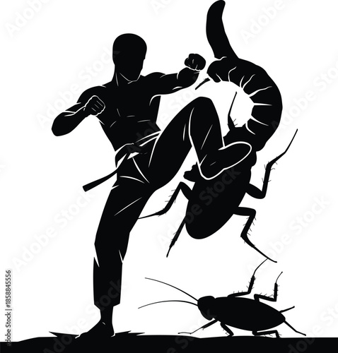 Martial artist fighting giant cockroach silhouette illustration showing fear, phobia, pest control concept, strength versus insect monster isolated on white background