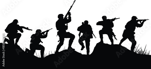 Military combat silhouettes of armed soldiers advancing in formation, battlefield action scene, tactical infantry troops illustration isolated on white background