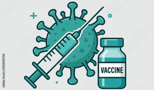 Medical illustration of virus and vaccine syringe, health concept