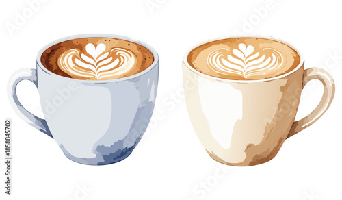 Hand-drawn watercolor style coffee mugs with latte art, cozy beverage illustration
