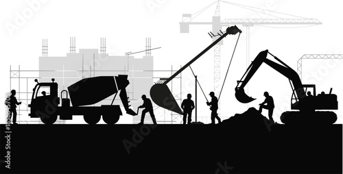 Construction site silhouette with workers and heavy machinery, concrete mixer, crane and excavator, urban infrastructure development, engineering teamwork illustration