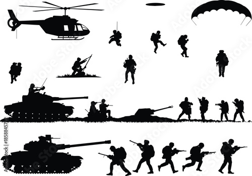 Military combat silhouette set with soldiers, tanks, helicopters and paratroopers, battlefield actions, modern warfare operations and armed forces illustration collection