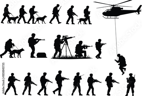Military silhouettes of soldiers, tanks, helicopters, and parachutists in action, illustrating coordinated ground and aerial operations in combat environment.
