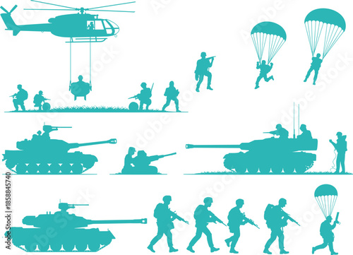 Teal silhouettes of soldiers, tanks, helicopters, and paratroopers in coordinated military operation showcasing ground combat, air support, and tactical deployment.