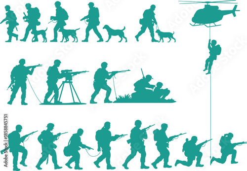 Military soldier and K9 unit silhouette set with combat patrols, tactical operations, helicopter rappel and modern warfare actions illustration collection