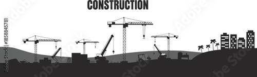 Silhouette illustration of construction site with cranes, vehicles, and buildings, highlighting urban development, infrastructure growth, and industrial activity.