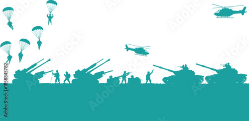 Teal silhouette of military operation with tanks, soldiers, helicopters, and parachutists illustrating coordinated ground and aerial combat strategy.
