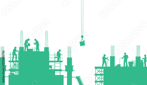 Construction site with workers, crane, scaffolding, and reinforcement bars illustrating teamwork, building process, and structural development in active urban environment.