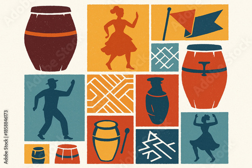 Uruguayan Candombe carnival vector icons rugged flat style