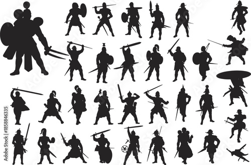 Ancient warrior silhouette set featuring soldiers with swords and shields, medieval combat poses collection, historical battle characters, fantasy and mythology illustration