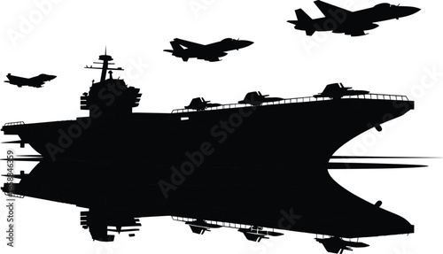 Aircraft carrier silhouette with fighter jets flying overhead, naval aviation power, military sea defense concept, modern warfare and strategic force illustration