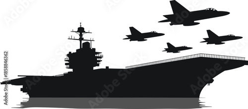 Silhouette of military aircraft carrier at sea with jet fighters flying overhead, symbolizing naval aviation, defense power, and strategic mobility.