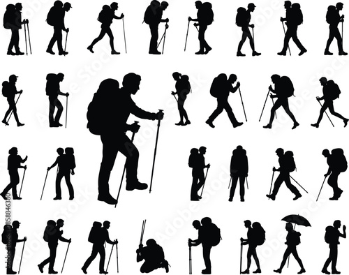 Silhouetted hikers with backpacks and poles in varied poses, symbolizing outdoor adventure, trekking diversity, and weather-ready exploration in dramatic contrast.