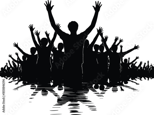 Silhouetted group of people raising arms in unity, reflected in water, symbolizing teamwork, celebration, and collective strength with dramatic contrast and symmetry.