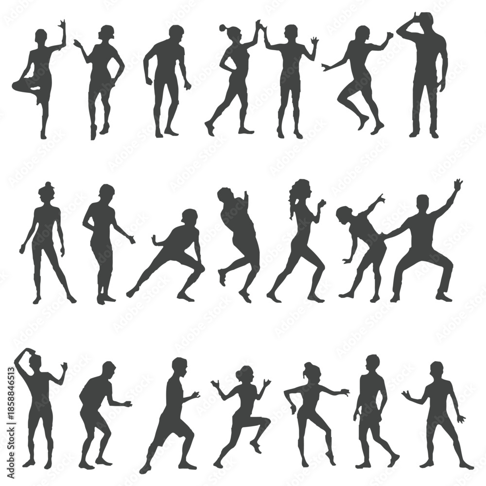 Obraz premium A large collection of diverse black silhouettes showcases numerous people in various dynamic and static poses, representing activity and human movement
