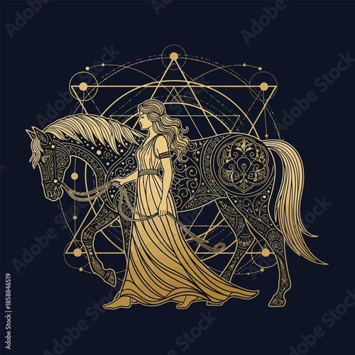A majestic golden illustration depicts a woman walking gracefully alongside an ornately decorated horse, surrounded by sacred geometric patterns on a dark background.