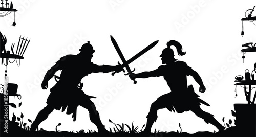 Epic sword fight silhouette of two ancient warriors in dramatic duel, medieval battle scene, combat action, mythology illustration, strength and rivalry concept