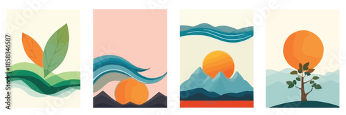 A set of three minimalist summer-themed posters featuring a beach umbrella, a lobster with a cocktail, and a woman in a sun hat