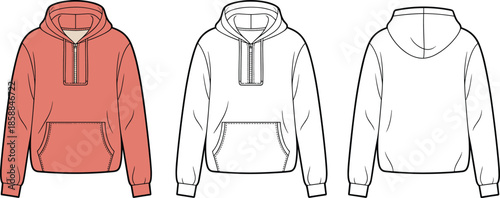 Hoodie sweatshirt front back views, pullover hooded jacket design, casual streetwear apparel, fashion CAD drawing, flat vector technical illustration