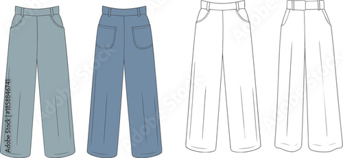 Wide leg pants sketch, front back view, denim and teal styles, line drawing, CAD fashion flat, apparel illustration, garment vector
