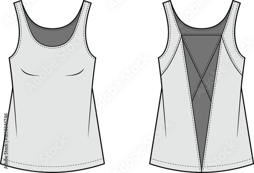Women sleeveless tank top front back view, contrast panel activewear design, fitted sports apparel, fashion CAD drawing, flat vector technical illustration