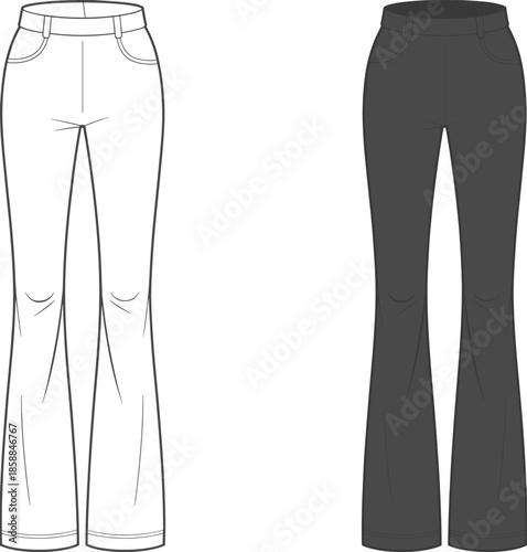 Women flared pants front view, high waist bell bottom trousers design, modern retro fashion apparel, technical CAD drawing, flat vector illustration