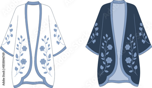 Women kimono cardigan front view, floral pattern open front outerwear design, modern casual fashion apparel, technical CAD drawing, flat vector illustration