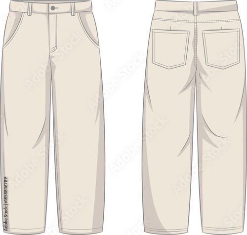 Women straight leg pants front back view, high waist casual trousers design, minimal fashion apparel, technical CAD drawing, flat vector illustration