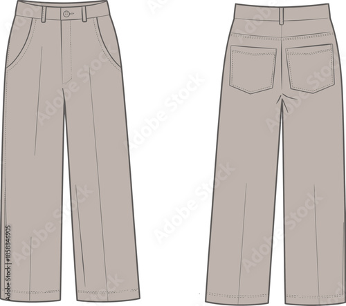 Women straight leg pants front back view, classic casual trousers design, everyday fashion apparel, technical CAD drawing, flat vector illustration