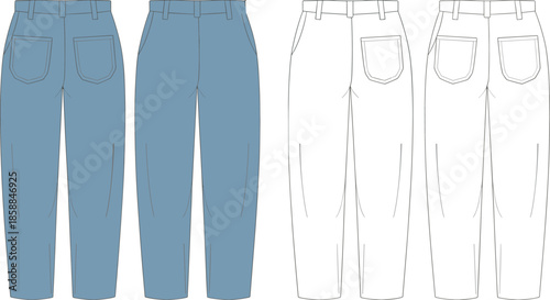 Women casual pants front back view, straight leg trousers design, everyday fashion apparel, technical CAD drawing, flat vector illustration
