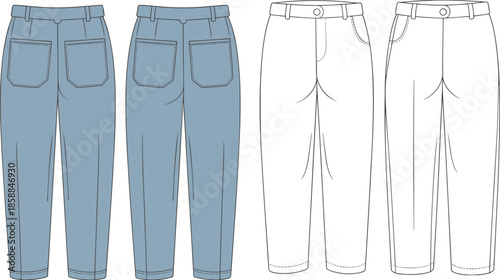 Denim pants sketch, front view, back view, colored and line drawing, pleated design, CAD fashion flat, apparel illustration