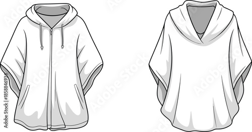 Hooded poncho sketch, zip front, V-neck cape, fashion flat, garment design, CAD drawing, apparel illustration, outerwear vector