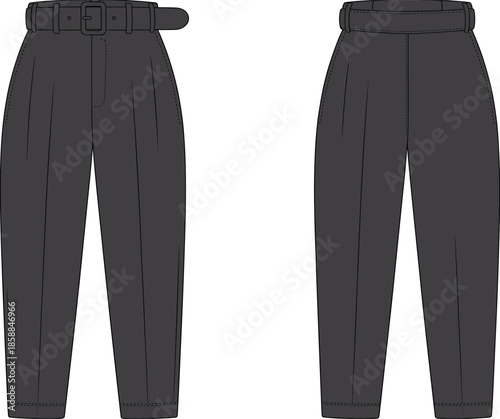 Women high waist trousers front back view, belted tailored pants design, formal casual apparel, fashion CAD drawing, flat vector technical illustration