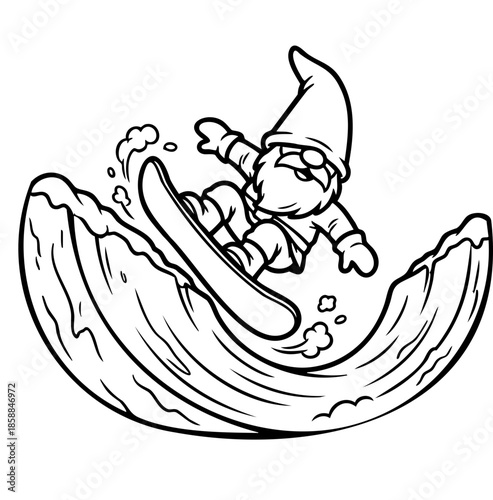 Snowboarding Gnome: A whimsical cartoon gnome fearlessly rides a snowboard down a stylized wave, capturing a sense of fun and adventure.