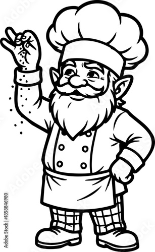 Chef Sprinkling: An artistic illustration of a jovial chef, his animated expression highlighted by the sprinkling of culinary seasoning, in a creative and engaging monochrome style.